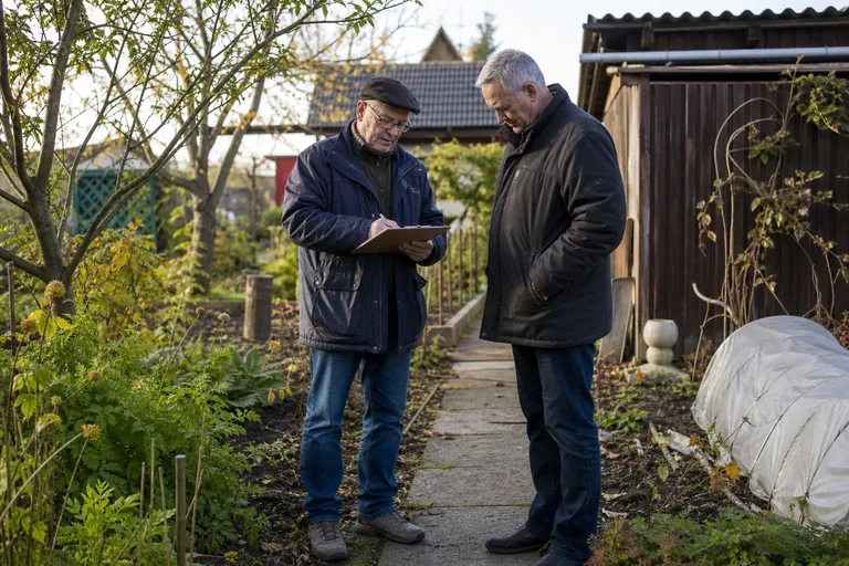 Fachberater und Vorstandsmitglied dokumentieren eine Gartenbegehung mit Klemmbrett