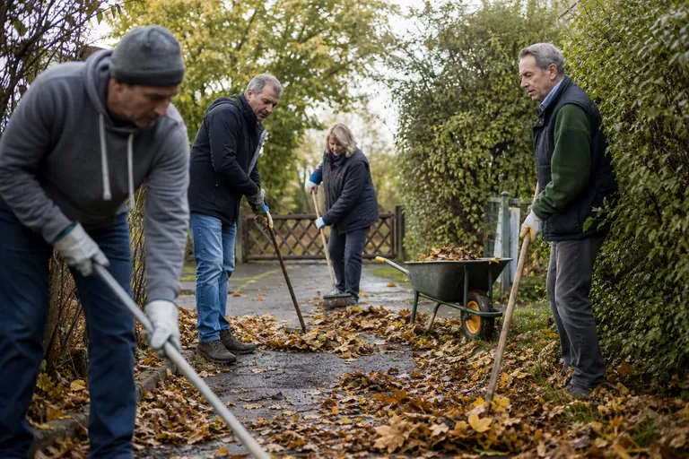 Mitglieder eines Kleingartenvereins räumen gemeinsam Laub von einem Weg