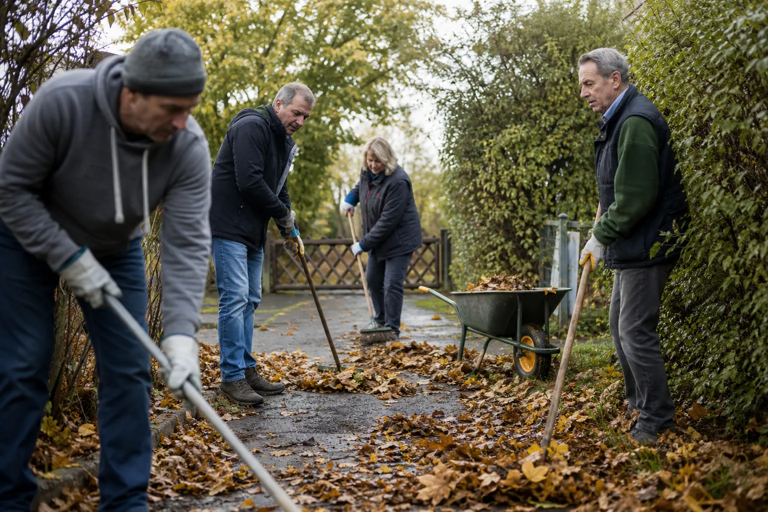 Mitglieder eines Kleingartenvereins räumen gemeinsam Laub von einem Weg