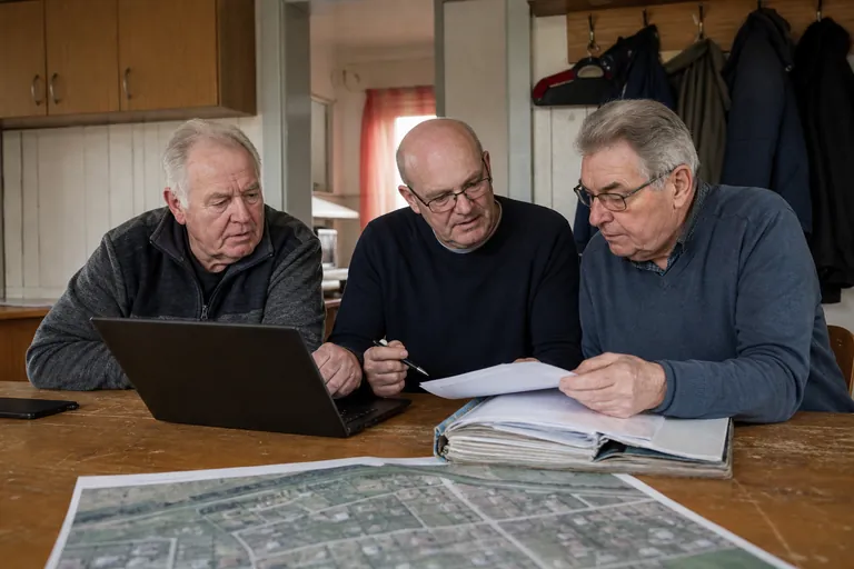 Drei Vorstandsmitglieder vergleichen Papierakte, Laptop und Parzellenkarte