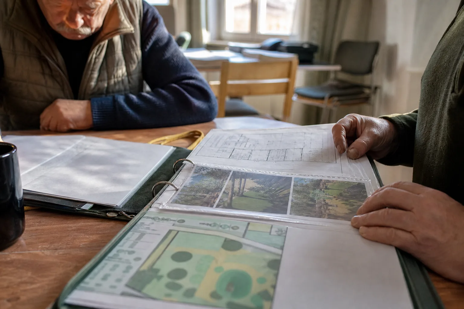 Mappe mit Übergabeprotokoll, Zählerfoto und Gartenplan auf einem Schreibtisch