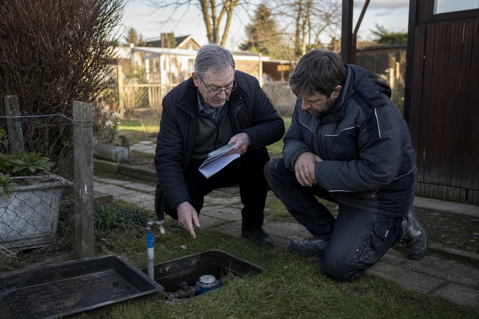 Kassierer und Pächter lesen einen Wasserzähler in einer Gartenparzelle ab